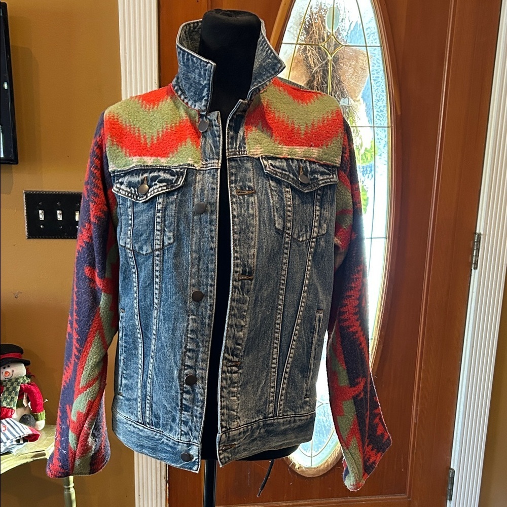Upcycled Colorful Denim Jacket with Aztec Pattern - Picture 3 of 4